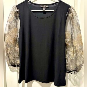 80 Park Black Jersey Top Puffed 3/4 Embroidered Mesh Sleeves w Gold Metallic